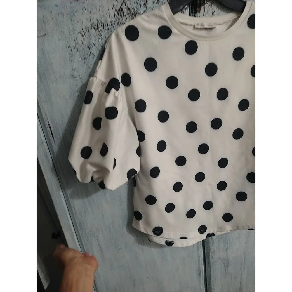 Zara Cream Blouse with Black Polka Dots and Puff Sleeves